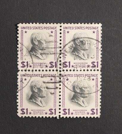 UNITED STATES OF AMERICA - CIRCA 1938: a block of four identical stamps printed in the United States of America shows Woodrow Wilson, 28th President of USA 1913-1921, circa 1938 のeditorial素材