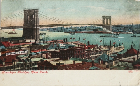 BROOKLYN, NEW YORK - CIRCA 1900: Vintage postcard depicting the Brooklyn Bridge crossing over the East River, connecting Manhattanand  Brooklyn, New York, USA, circa 1900のeditorial素材