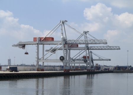 Freight cranes in harbor of Rotterdamの写真素材