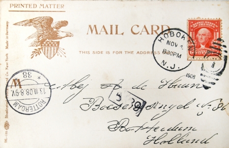 NETHERLANDS- CIRCA MARCH 2012: Vintage postcard with handwritten address in the Netherlands sent from the USA and postmarked in 1908 in Hoboken (USA) and Den Helder (Netherlands)のeditorial素材