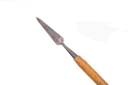 Simple iron medieval spear with leather bindings on white backgroundの写真素材