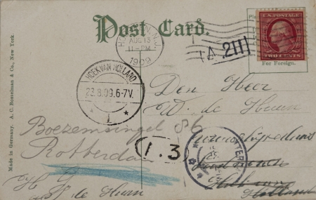 THE NETHERLANDS-CIRCA 1909: Vintage postcard with red two cent stamp and postmarked Hoboken and Hoek van Holland in 1909. Address in Rotterdam, the Netherlands のeditorial素材