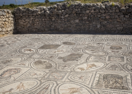 Morocco  Volubilis - archaeological site is on  List  Fragment of Roman mosaic at the Labour of Hercules Houseのeditorial素材