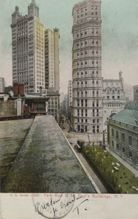NEW YORK CITY â CIRCA 1905: Vintage postcard depicting St. Paul building in New York City, USA in 1905.St. Paul Building was a skyscraper in New York City built in 1898 and it was demolished in 1958のeditorial素材