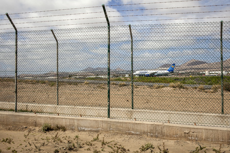 LANZAROTE, SPAIN-FEB 6, 2013: Condor airplane waiting for take off at Lanzarote airport のeditorial素材