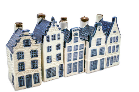 Five Delft blue house isolated on whiteの写真素材