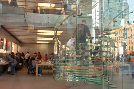 NEW YORK CITY -SEPT 23:  Interior of the  Apple Store  on 5th Avenue, New York, Sept 23,2008. As of July 2013, Apple has 411 retail stores in 14 countriesのeditorial素材