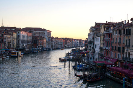 VENICE, ITALY - MARCH 12: View at sunset from Rialto bridge on March 12 , 2014 in Venice, Italy. The Rialto is the biggest and most famous bridge in Venice with a beautiful view

のeditorial素材