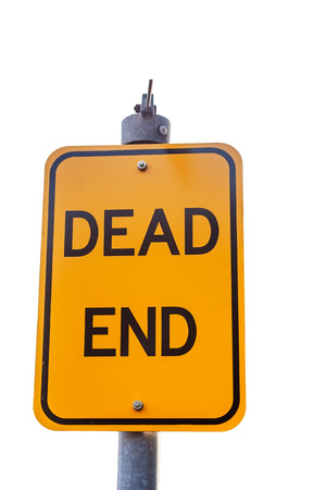Yellow road warning sign isolated on white  Dead Endの写真素材