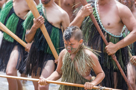 NEW ZEALAND-FEB 6  A young Maori boy pretending to be a Maori warrior at a Haka on Waitangi Day celebration,Feb 6, 2009  Waitangi day is a public holiday,yearly on Feb 6 to celebrate the signing of the Treaty of Waitangiのeditorial素材