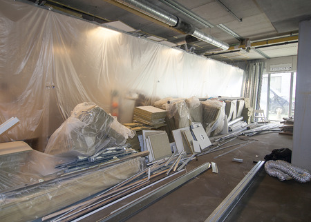 Building material piled up at a newly built officeのeditorial素材