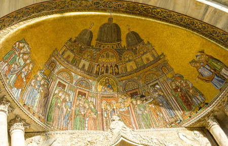 The San Alipio facade above the entrance of the Patriarchal Cathedral Basilica of Saint Mark at the Piazza San Marco - St Mark's Square , Venice Italy.

のeditorial素材