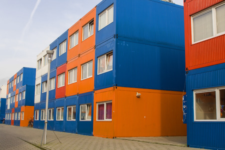 colorful cargo containers are used for housing students in Amsterdamの写真素材