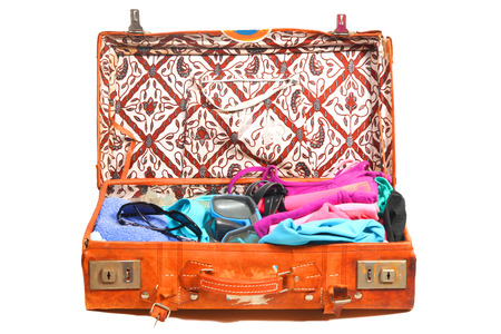 Packed leather suitcase fdr a beach vacationの写真素材