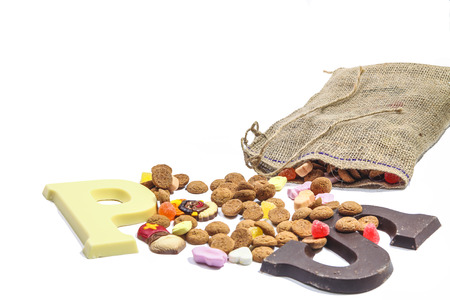Sinterklaas bag with sweets and chocolate lettersの写真素材