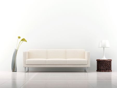 White leather Couch to face a blank white wall - with rack and vase - front viewの写真素材