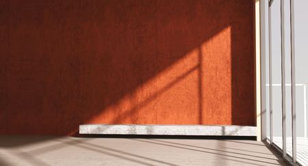 Blank red wall and Room with windowの写真素材