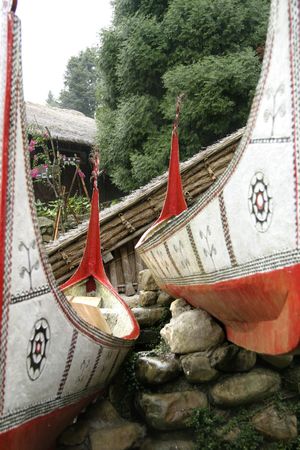Close up shot of two traditional boats in Taiwan の写真素材