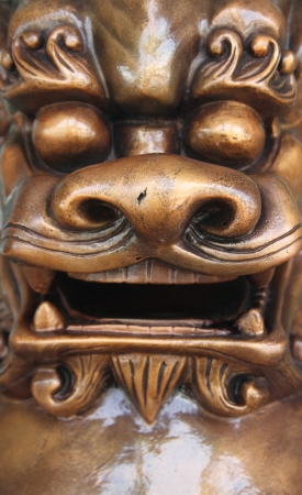 Closeup shot of a Stone Lion sculpture の写真素材