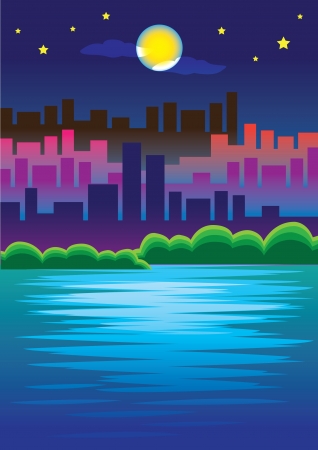 Night view in the city  With moonlight reflected on the water on the lake のイラスト素材