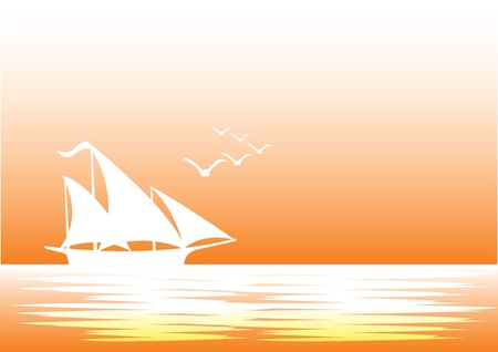  illustration of a silhouette sailing boat with birds flying のイラスト素材