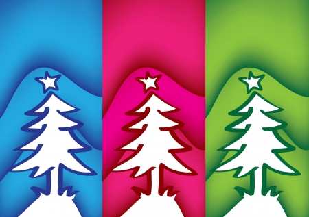 Three vector christmas trees with three different color backgroundのイラスト素材