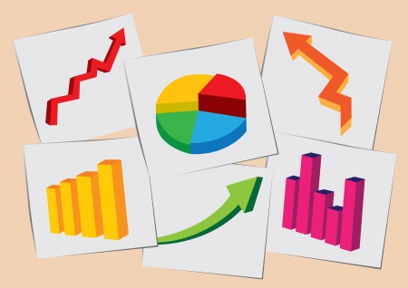 Vector illustration of papers with picture graphics of stock charts on the floorのイラスト素材