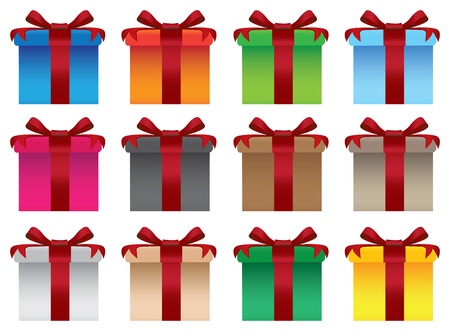 Vector set of colorful gift boxes with red ribbonsのイラスト素材