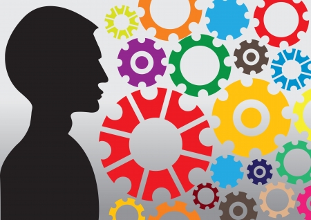 Gear pattern background in different colors and sizes with a person illustration のイラスト素材