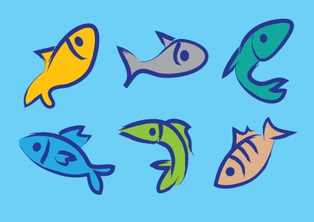Six vector illustration of colorful fishes in paint brush effect. のイラスト素材