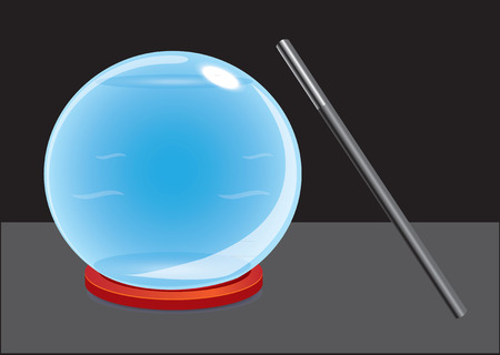 Vector illustration of magical crystal ball and magic wand with black background.のイラスト素材