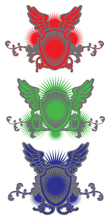 illustration of crest shields wings in three different designs and colors against white backgroundのイラスト素材