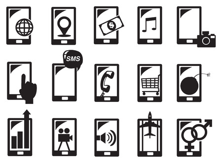 Vector illustration of handphone and different functions in black and white.のイラスト素材