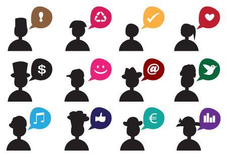 Vector illustration of silhouette of people of different race and professions with speech balloons,のイラスト素材