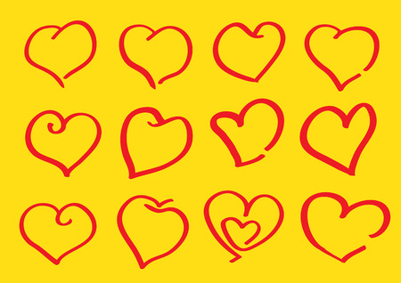 Different heart shapes doodle in red on yellow background by childrenのイラスト素材