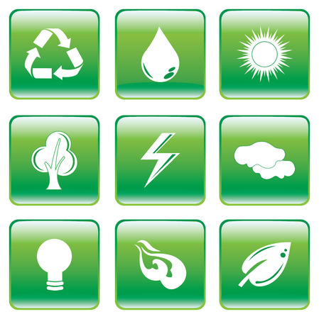 illustration of green square interface buttons with white environmental symbols.のイラスト素材