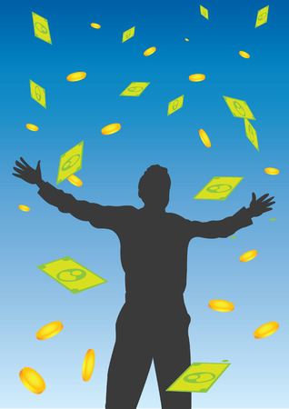 illustration of a man silhouette standing with open arms and money falling from the sky.のイラスト素材