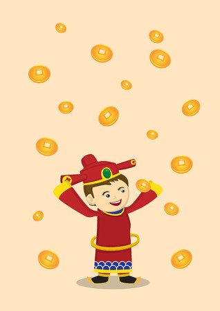 Vector illustration of a cartoon boy in Chinese God of Wealth costumes amidst falling gold coins from skyのイラスト素材