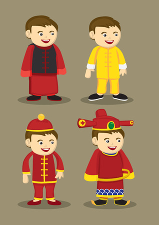 Vector illustration of cartoon boy in different traditional Chinese costume.のイラスト素材
