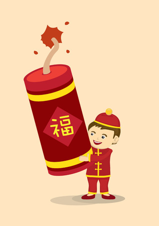 Vector illustration of a cartoon boy holding on a giant fire cracker for Chinese New Year celebration. Chinese word says fortune.のイラスト素材