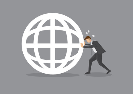 Vector illustration of a cartoon businessman pushing hard and trying to move a globe. Conceptual design.のイラスト素材