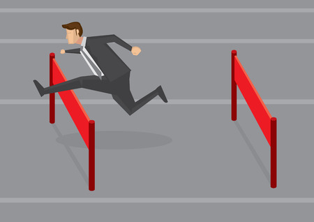 Vector illustration of a businessman running and jumping hurdles. Conceptual design for overcoming difficulties in business.のイラスト素材