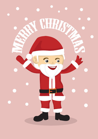 illustration of a happy boy dressed up as jolly santa clause and waving arms in air. Merry Christmas greeting and snowing pink background.のイラスト素材