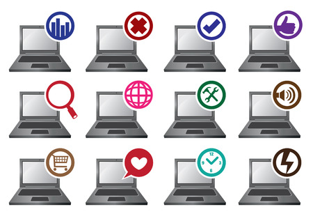 Vector illustration of twelve laptop computers with different round symbol icon on top left corner. Isolated on white.のイラスト素材