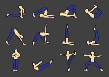 Vector illustration of cartoon figure performing traditional hatha yoga asanas.のイラスト素材