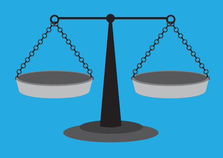 Old fashion weighing scale with equal arm beam and two suspended balancing pans isolated on blue plain backgroundのイラスト素材