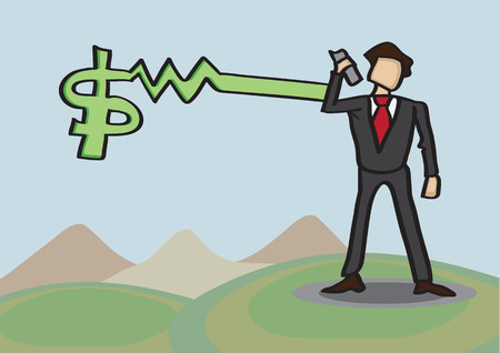 Businessman standing in golf course receives money news over mobile phone. Conceptual business vector illustration.のイラスト素材