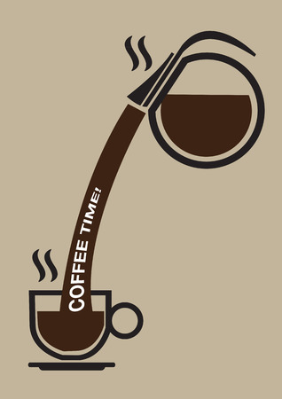 Round glass coffee pot pouring hot coffee into a cup on saucer with words Coffee Time on flow. Stylized vector illustration isolated on brown plain background.のイラスト素材
