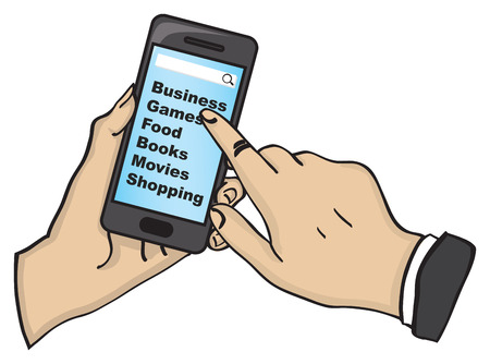 Vector illustration of a hand holding and playing with touch screen mobile phone isolated on white background.のイラスト素材