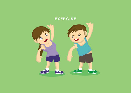 Sporty young couple doing stretching warm up exercises. Vector illustration isolated on green background.のイラスト素材